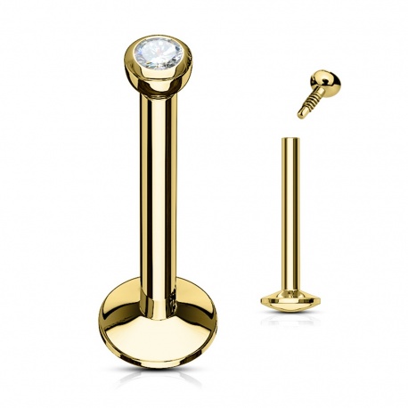 Złoty labret z (clear) kryształem w gładkiej oprawie: stal chirurgiczna 316L, gwint wewnętrzny