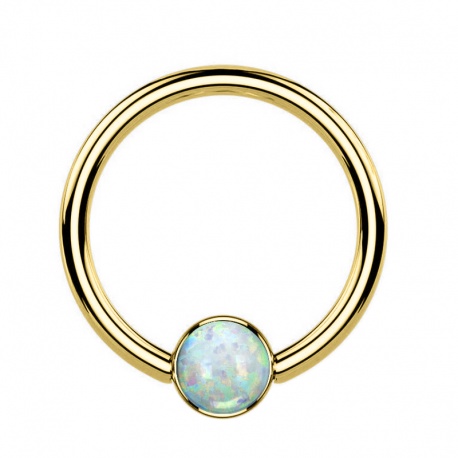 Złote (powłoka PVD) kółko clicker z białym opalem z tytanu G23