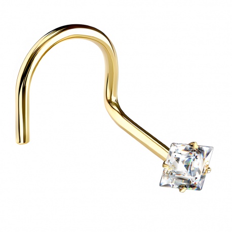 Zakręcony kolczyk do nosa kwadratowy kryształek (clear): tytan G23, kolor złoty (PCV)