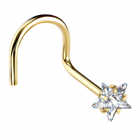 Zakręcony kolczyk do nosa w kolorze złotym (PVD) z kryształową gwiazdką: stal chirurgiczna 316L