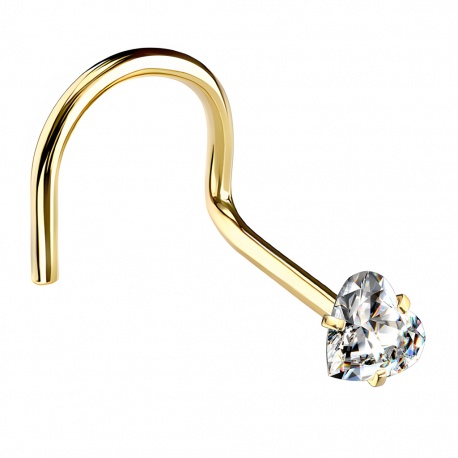 Zakręcony kolczyk do nosa w kolorze złotym (PVD) z kryształowym serduszkiem: stal chirurgiczna 316L
