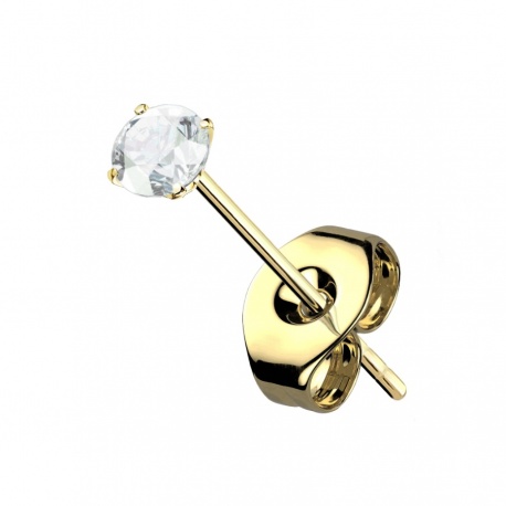 Złoty (PVD) kolczyk sztyft z okrągłym (clear) kryształkiem (3 mm) z tytanu G23, zapięcie baranek