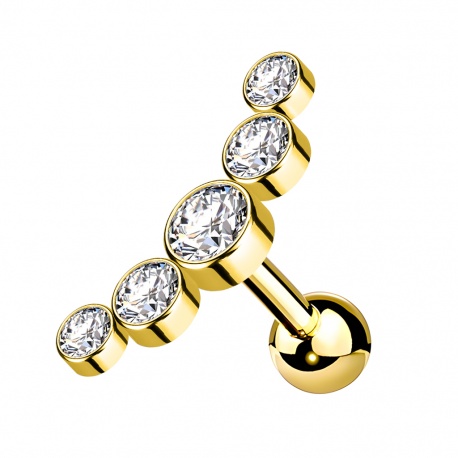 Złoty kolczyk zakręcany kulką z kryształowym clusterem: gwint zewnętrzny, stal chirurgiczna 316L, powłoka PVD