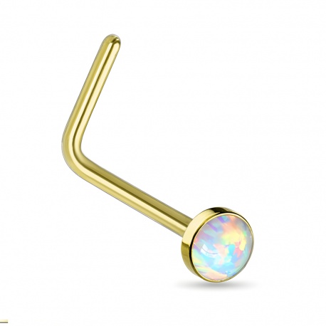 Złoty (PVD) zagięty kolczyk do nosa z białym opalem - stal chirurgiczna 316L