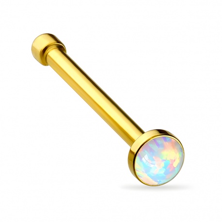 Prosty kolczyk do nosa w kolorze złotym (PVD) z białym opalowym dyskiem: stal chirurgiczna 316L