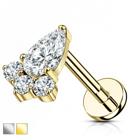 Labret łezka z trzema cyrkoniami: gwint wewnętrzny, tytan G23 PWT033