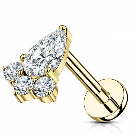 Labret łezka z trzema cyrkoniami: gwint wewnętrzny, tytan G23, wariant złoty (PVD)