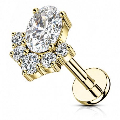 Labret z owalną cyrkonią i pięcioma mniejszymi: tytan G23, gwint wewnętrzny, wariant złoty (PVD)