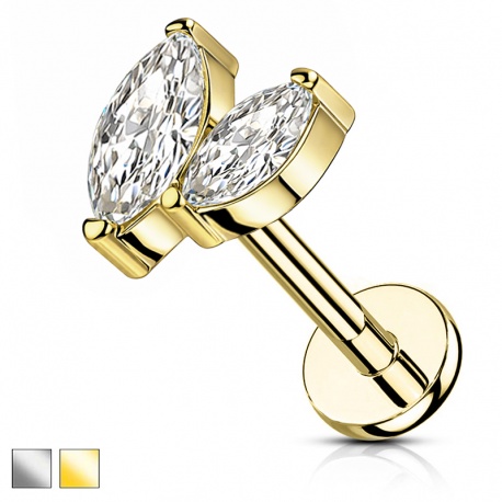 Labret z dwiema cyrkoniami w kształcie markizy: tytan G23, gwint wewnętrzny PWT036