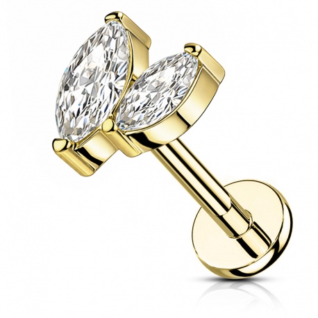 Złoty (PVD) labret z dwiema cyrkoniami w kształcie markizy: tytan G23, gwint wewnętrzny