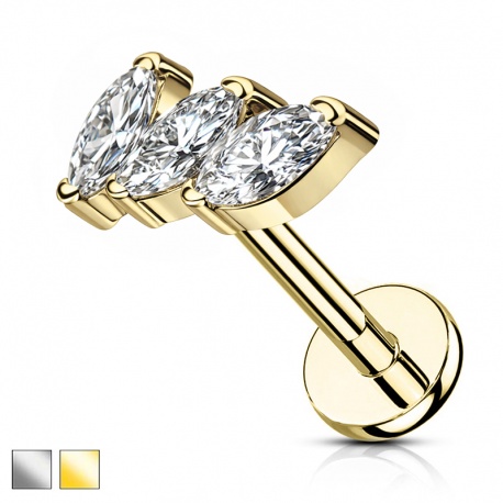 Labret z trzema cyrkoniami w kształcie markizy: tytan G23, gwint wewnętrzny PWT037