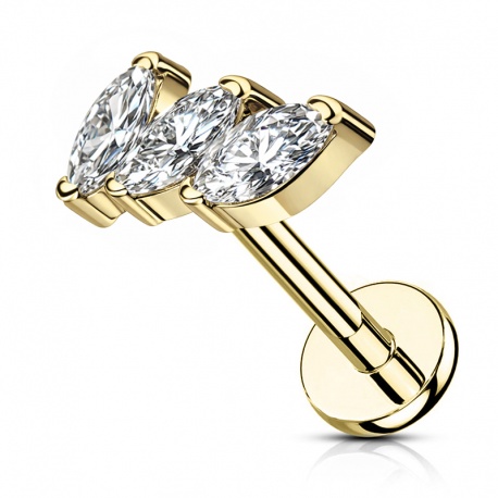 Złoty labret z trzema cyrkoniami w kształcie markizy: tytan G23, gwint wewnętrzny, powłoka PVD