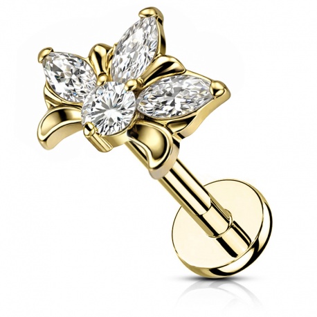 Labret kwiat lotosu z cyrkonii: gwint wewnętrzny, tytan G23, złoty wariant (PVD)