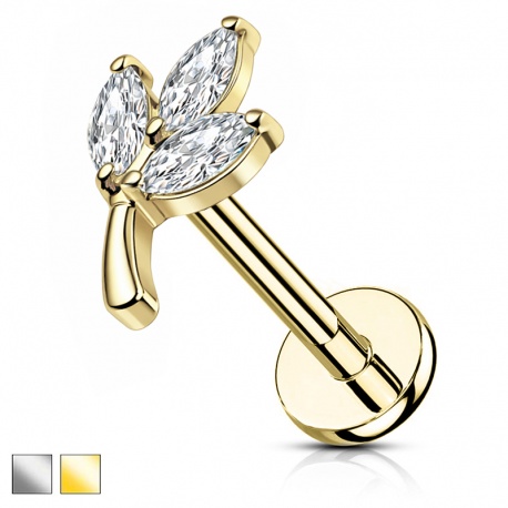 Labret z trzema listkami z cyrkonii: tytan g23, pręt z gwintem wewnętrznym PWT039