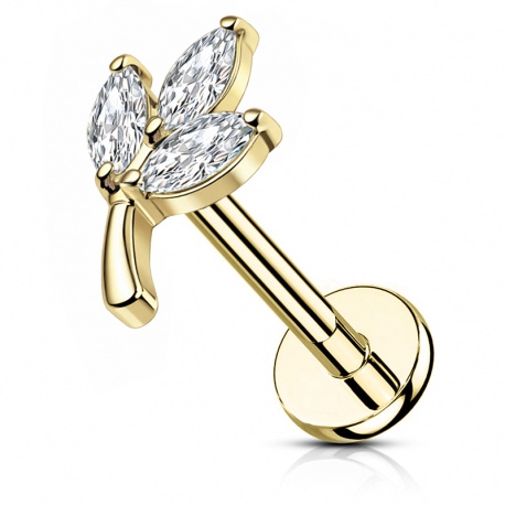 Złoty (PVD) labret z trzema listkami z cyrkonii: tytan g23, pręt z gwintem wewnętrznym