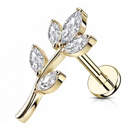 Labret gałązka z czterema listkami z cyrkonii: tytan G23, gwint wewnętrzny, wariant złoty PVD