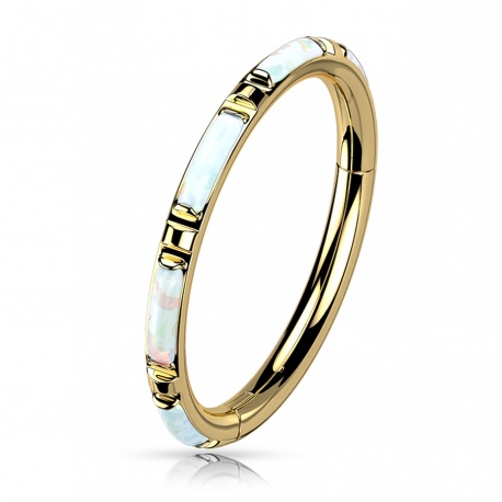 Tytanowy złoty (PVD) clicker kółko z podłużnymi białymi opalami: tytan g23, zapięcie clicker