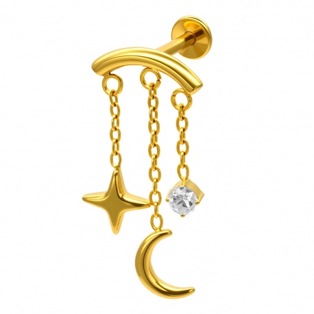 Złoty (PVD) labret z wiszącą gwiazdką i księżycem: tytan g23, gwint wewnętrzny