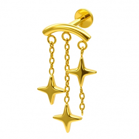 Złoty (PVD) labret z potrójną zawieszką gwiazdek: tytan g23, gwint wewnętrzny