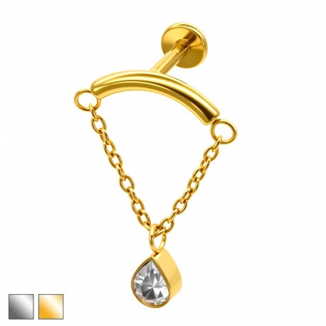 Labret z łańcuszkiem i cyrkonią w kształcie łezki: tytan G23, gwint wewnętrzny PWT021