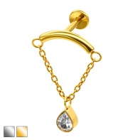 Labret z łańcuszkiem i cyrkonią w kształcie łezki