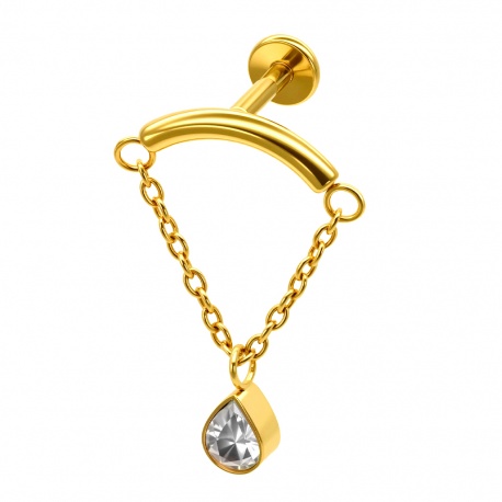 Złot (PVD) labret z łańcuszkiem i cyrkonią w kształcie łezki: tytan G23, gwint wewnętrzny