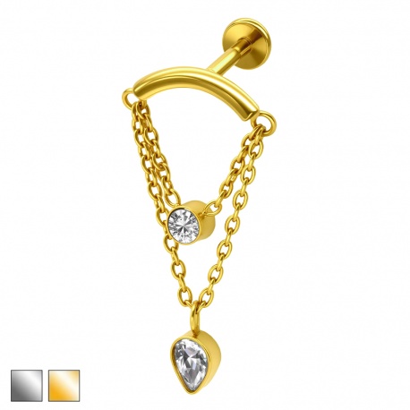 Labret z podwójnym łańcuszkiem i dwiema cyrkoniami: tytan G23, gwint wewnętrzny PWT023