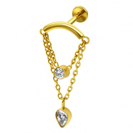 Złoty (PVD) labret z podwójnym łańcuszkiem i dwiema cyrkoniami: tytan G23, gwint wewnętrzny