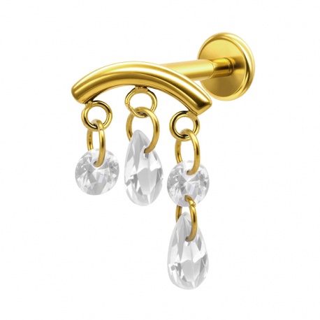 Labret z drobnymi wiszącymi cyrkoniami: gwint wewnętrzny, tytan G23, wariant złoty PVD