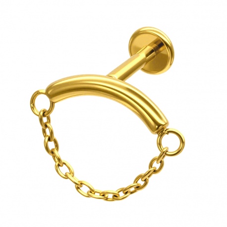 Labret z prostym łańcuszkiem: tytan G23, gwint wewnętrzny, wariant złoty PVD