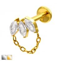 Labret z łańcuszkiem i cyrkoniami w kształcie markizy