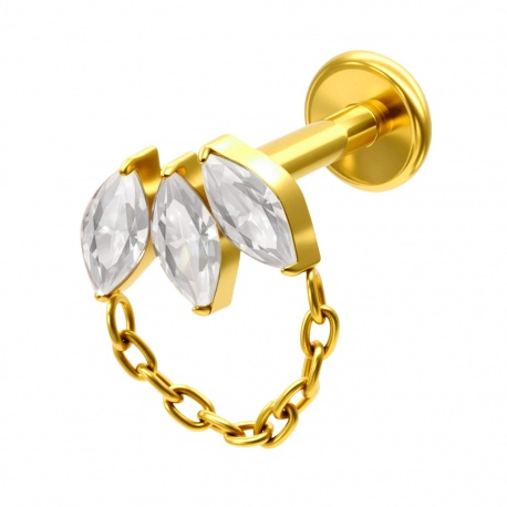 Labret z łańcuszkiem i cyrkoniami w kształcie markizy: gwint wewnętrzny, tytan G23, wariant złoty PVD