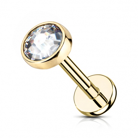 Złoty PVD labret z okrągłym clear kryształkiem w pełnej oprawie: tytan G23, gwint wewnętrzny