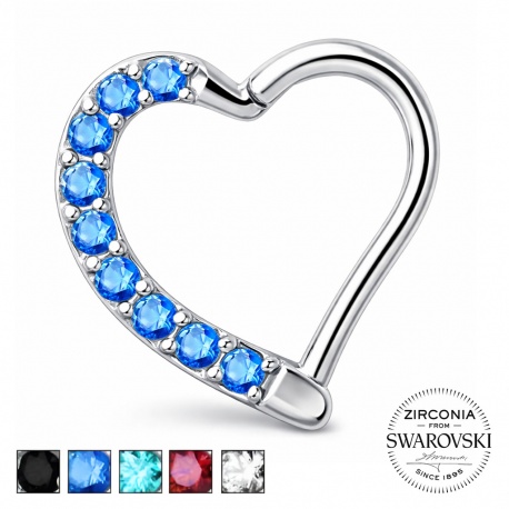 Srebrne serce z kryształkami - clicker, na prawe ucho, stal chirurgiczna 316L	 KU576