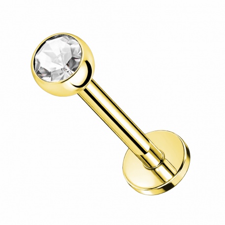 Złoty PVD labret tytanowy z kulką i klasycznym kryształkiem: gwint zewnętrzny, tytan G23