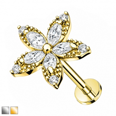 Labret kwiatek wysadzany cyrkoniami: stal chirurgiczna 316L, gwint wewnętrzny PWS006