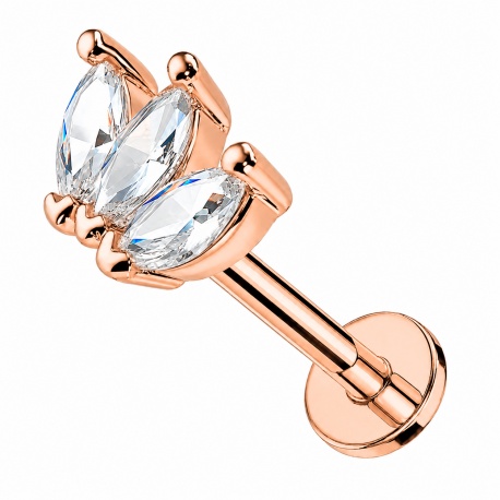Labret z trzema kryształkami: stal chirurgiczna 316L, mosiądz, gwint wewnętrzny, wariant rose gold PVD