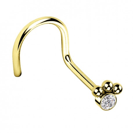 Kolczyk do nosa z kryształkiem i trzema kuleczkami - zakręcony