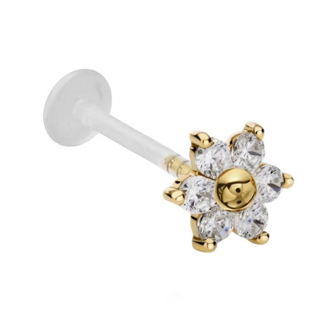 Labret złoty kwiatek 18K (750) z kryształkami (clear): push in