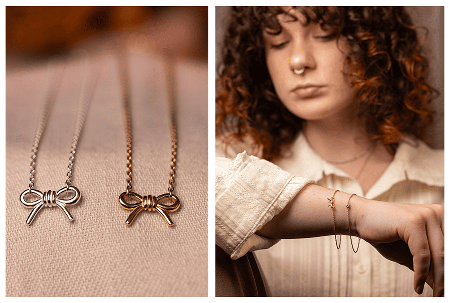 Bransoletka z kokardką na cienkim łańcuszku – srebrna i złota wersja oraz ujęcie na nadgarstku