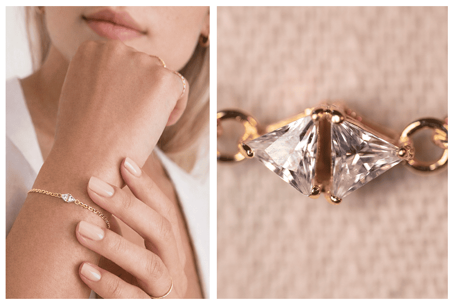 Bransoletka z podwójną trójkątną cyrkonią na ręce w jasnej stylizacji; po prawej makro na cyrkonie w oprawie