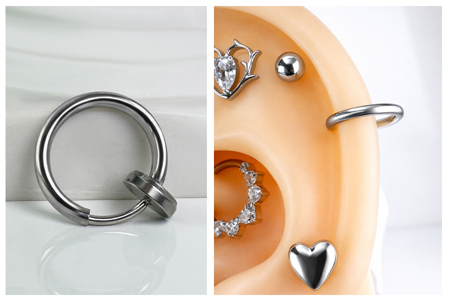 Fake kółko z klipsem w srebrnym kolorze pokazane na jasnym tle oraz założone na uchu jako imitacja piercingu