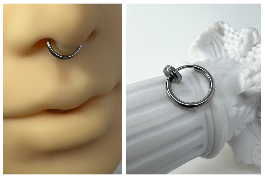 Srebrne fake kółko z klipsem noszone na nosie oraz sfotografowane osobno na białym dekoracyjnym tle