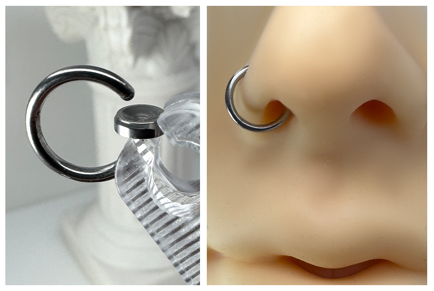 Fake kółko z klipsem w srebrnym wykończeniu, pokazane w zbliżeniu oraz założone na nosie bez przekłuwania
