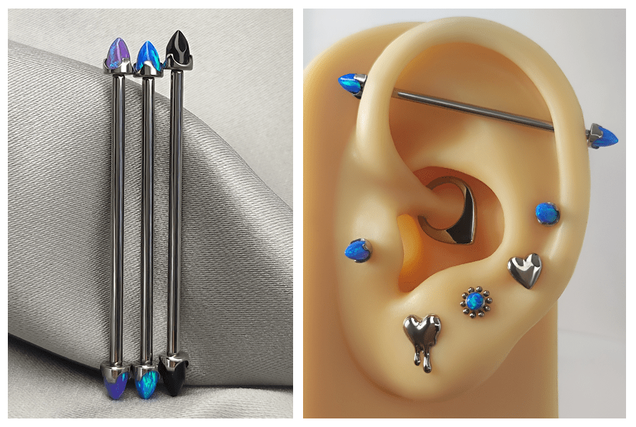 Sztanga industrial z opalowymi stożkami bullet – trzy kolory: niebieski, fioletowy, czarny; ujęcie produktu na tkaninie oraz zdjęcie produktu w kompozycji (ucho)