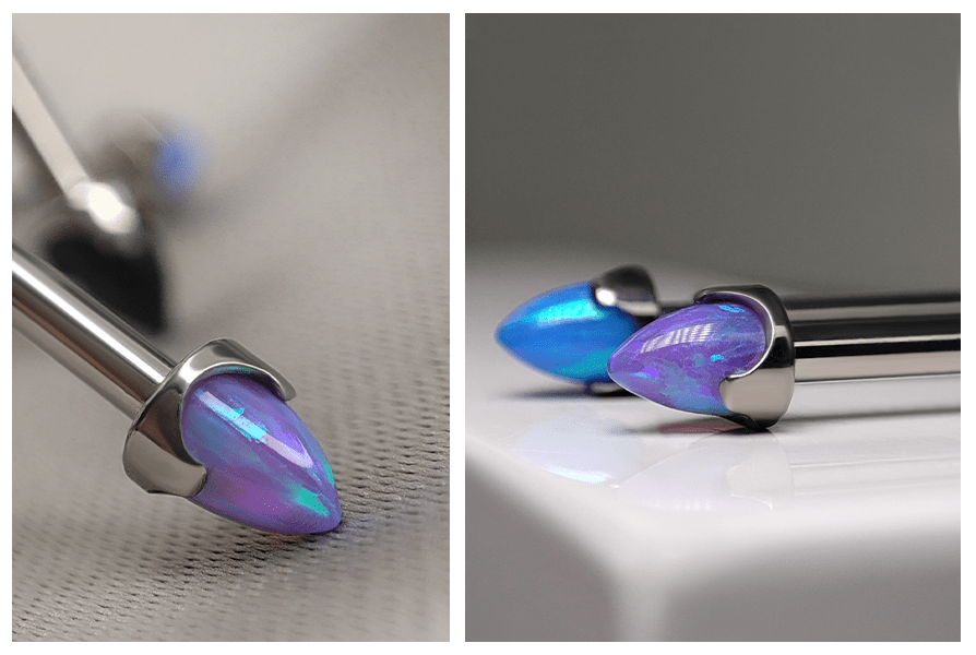 Zbliżenie stożka bullet z fioletowym opalem oraz dwie sztangi industrial w wersji niebieskiej i fioletowej