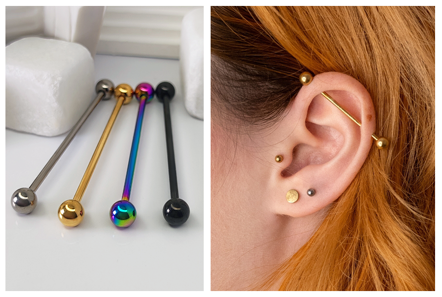 Tytanowe kolczyki industrial z gwintem zewnętrznym w kolorze srebrnym, złotym, czarnym i tęczowym oraz industrial piercing założony w uchu modelki