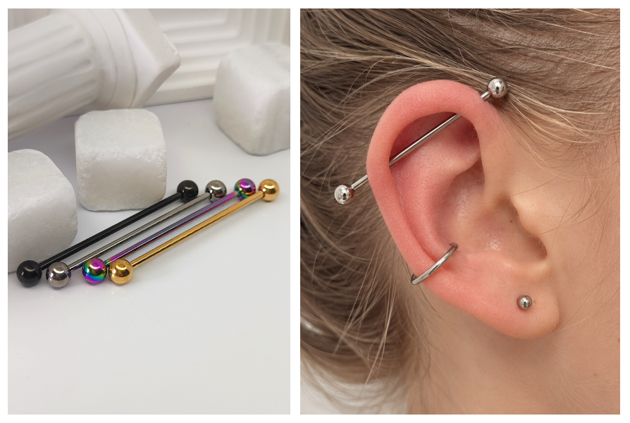 Kolorowe tytanowe kolczyki industrial z gwintem zewnętrznym prezentowane na białym tle oraz srebrny industrial piercing założony w uchu modelki