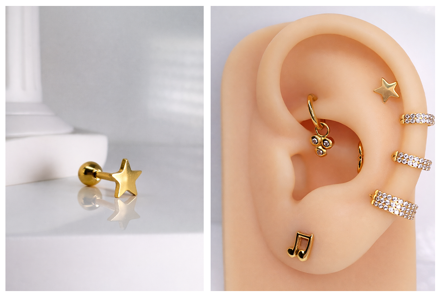 Złoty kolczyk do ucha w kształcie gwiazdki o gładkiej, błyszczącej powierzchni, pokazany jako pojedynczy produkt na jasnym tle oraz w stylizacji na uchu z innymi złotymi kolczykami