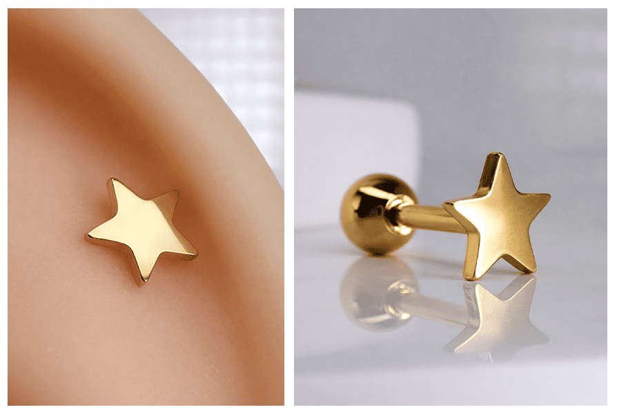 Minimalistyczny kolczyk do ucha gwiazdka w kolorze złotym, pokazany w zbliżeniu na uchu oraz jako produkt w ujęciu bocznym na białym tle